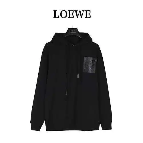LE/Loewe 23Fw chest embossed logo leather pocket hooded sweatshirt