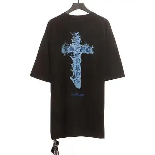 CH Crow Heart Flame Sanskrit Cross Short Sleeve Black