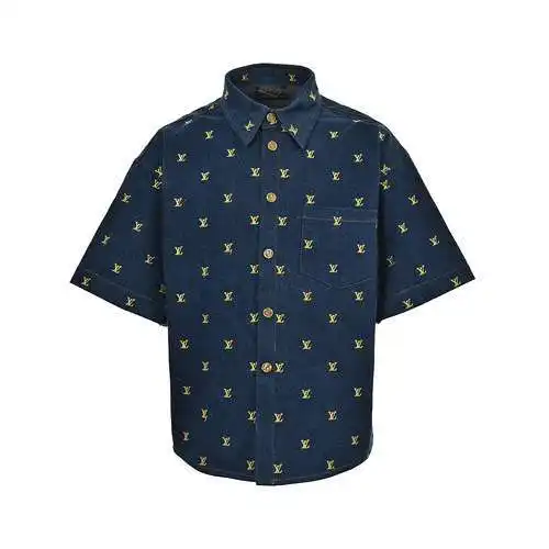 LV/Louis Vuitton 24ss embroidered logo denim short-sleeved shirt