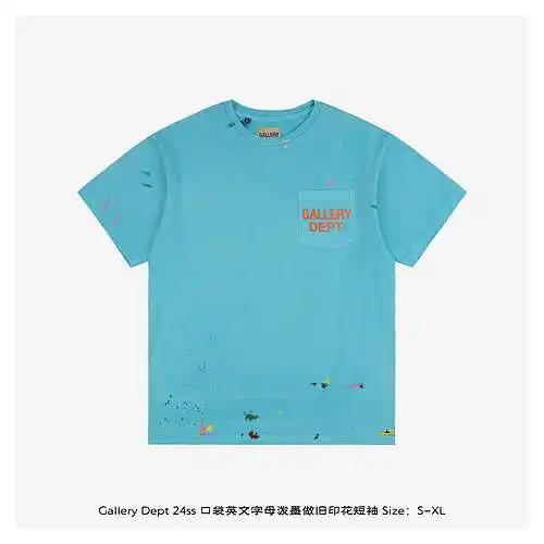 GD 24ss bolsillo letra inglesa salpicadura tinta desgastada estampado mangas cortas