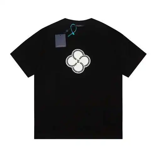 (Arriba) Patrón de bordado de parche de flores LV manga corta negro
