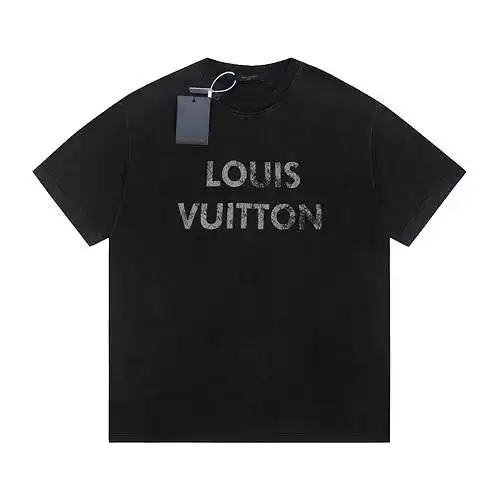 (Arriba) LV Louis Vuitton Serie azul marino Letras desgastadas Manga corta Negro