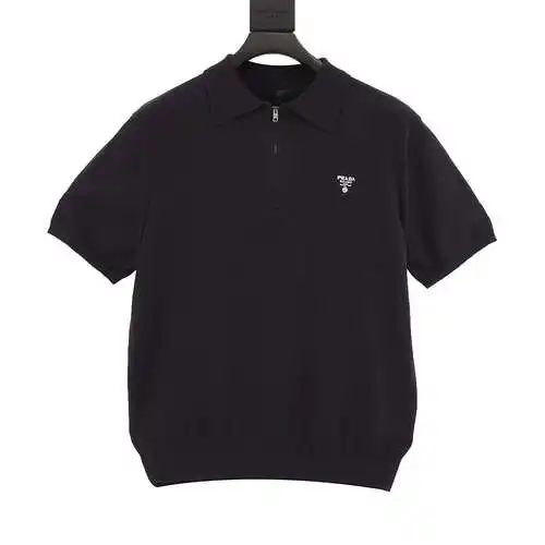 Prada Polo de manga corta de punto de lana con media cremallera y logo pequeño PRD