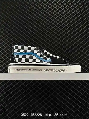 4 Colaboración Vans SK8-Mid x Liberaiders Paper Crane, cuadros de cuadros azules en blanco y negro, 