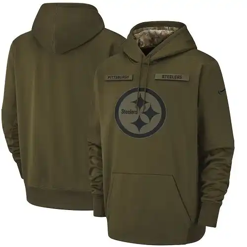 Men&amp;#x27;s Pittsburgh Steelers Nike Olive Salute to Service Sideline Therma Performance Pullover Hoodie.webp