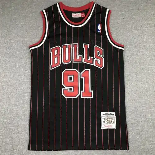 Bulls No. 91 Dennis Rodman Retro Black and Red Stripes