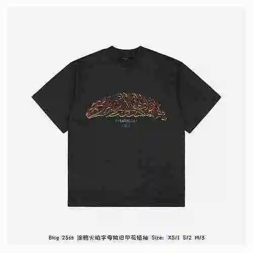 Blcg 23ss Graffiti Flame Letter Old Impreso Manga Corta