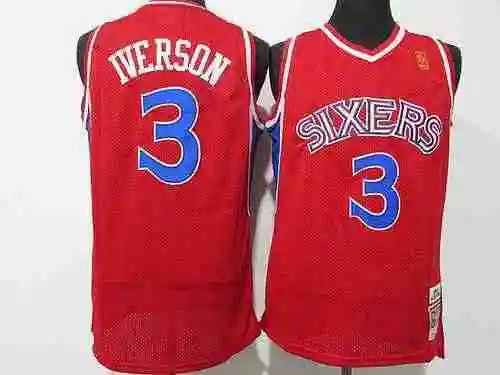 76ers 3, Iverson 96-97 Retro Gold Label 3 capas densamente bordado rojo