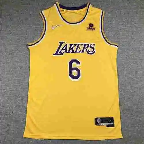 22.a temporada Lakers 6 James Vintage amarillo cuello redondo 75.º aniversario marca de diamante