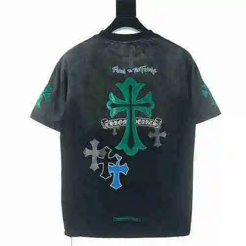 CROME HEARTS/CROXIN CH Wash Gradient Green Pasted Cross Sanskrit Short Sleeve T-shirt