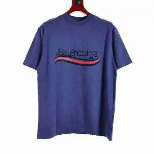 Camiseta de manga corta con estampado de graffiti azul morado cola delantera y trasera