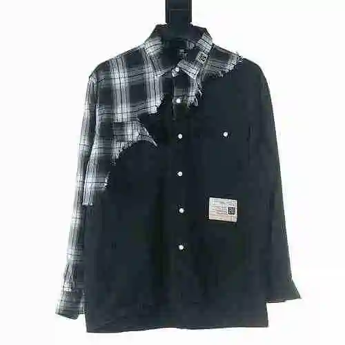 MIHARA YASUHIRO Mitsuhara Kangyu Plaid Splice Damaged Denim Shirt Coat