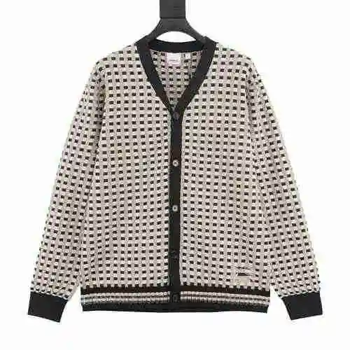 BBR 23FW black and white plaid V-neck knitted sweater cardigan