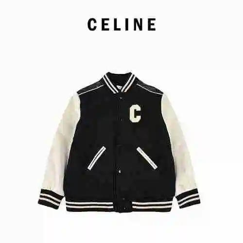 Celine/Celine 22FW Big C Towel Embroidered Leather Sleeve Baseball Jacket Jacket