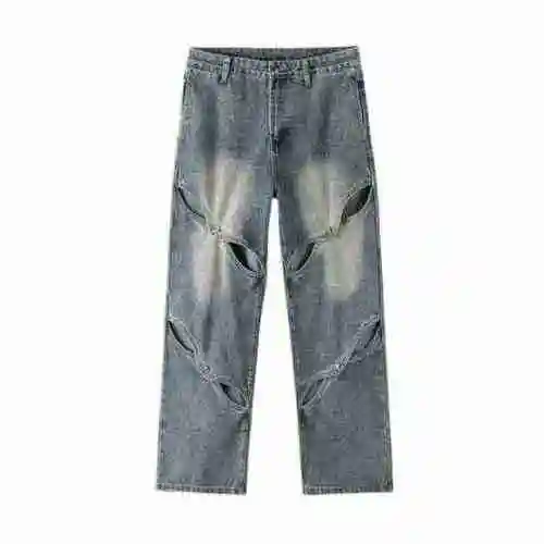 Balenciag/Balenciaga line torn pants with patchwork washed loose deconstruction cut wide leg jeans