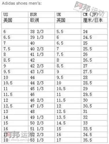 阿迪达斯球鞋尺码对照表