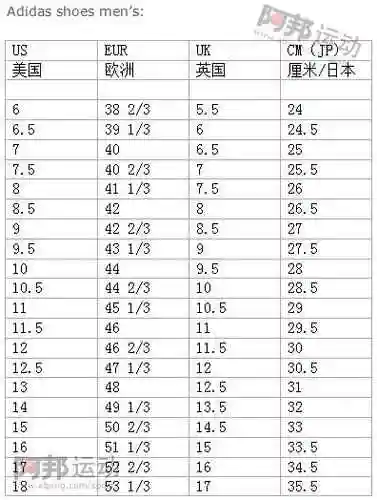 NIKE/Adidas Football Shoe Size Comparison Chart