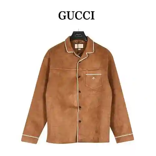 G Gucci 23Fw double G embroidered suede leather shirt