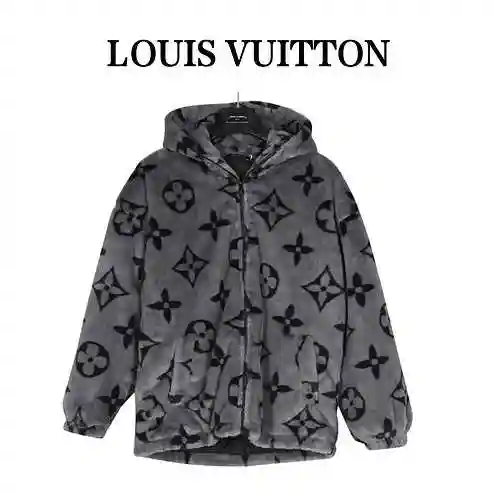 LV Louis Vuitton All Over Old Flower Logo Rabbit Fur Hooded Coat