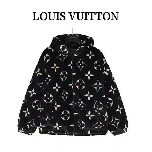 LV Louis Vuitton All Over Old Flower Logo Rabbit Fur Hooded Coat
